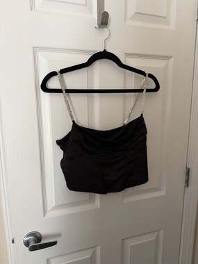 Windsor Black Satin Rhinestone Strap Corset Crop Top